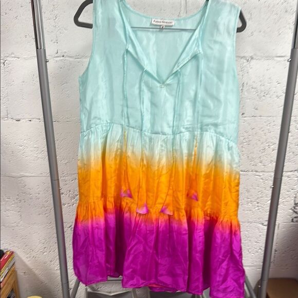 Karina Grimaldi Green Sundress Sleeveless Colorful Scoop Neck w Tassels NWOT - Picture 1 of 4